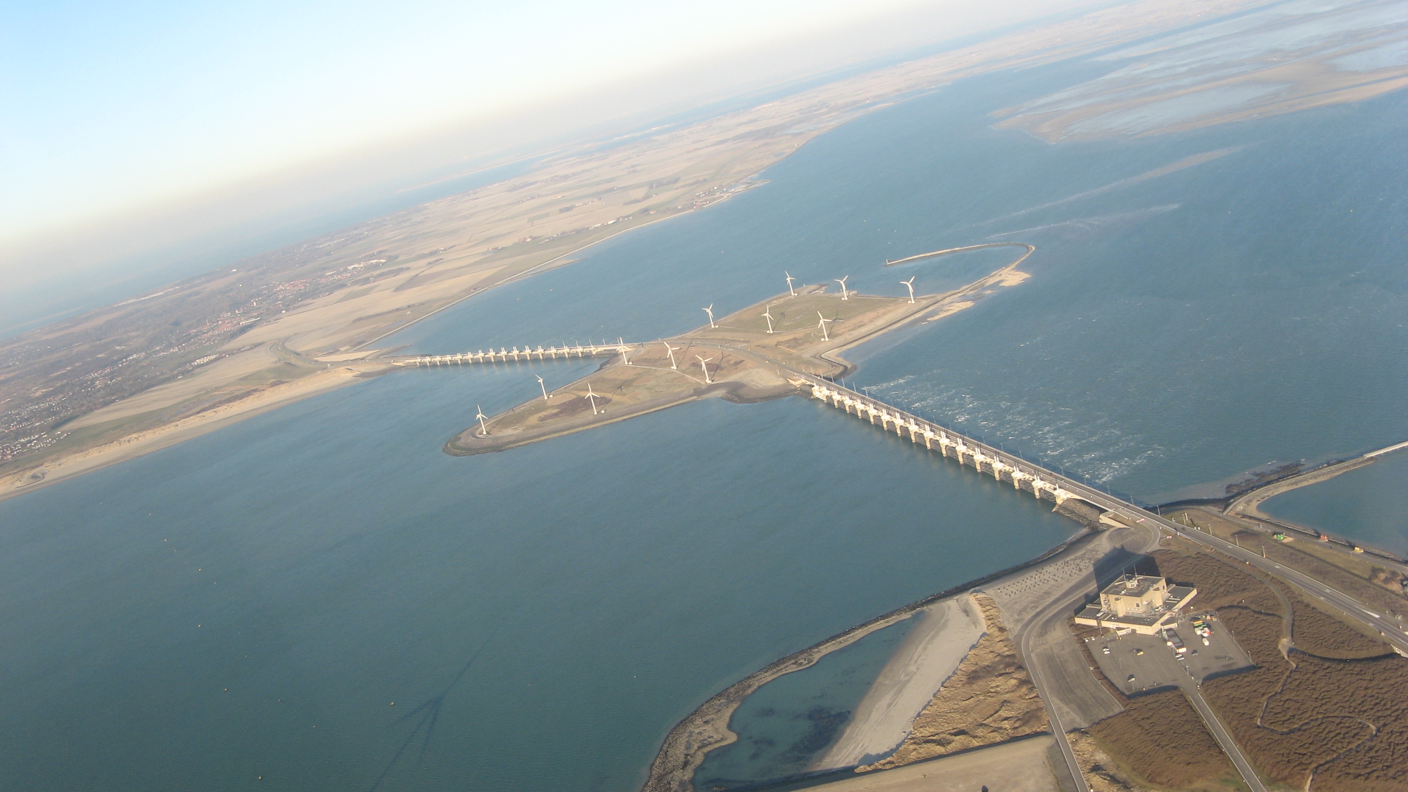 Aerial view of the Oosterscheldekering barrier and the Zeeland estuary