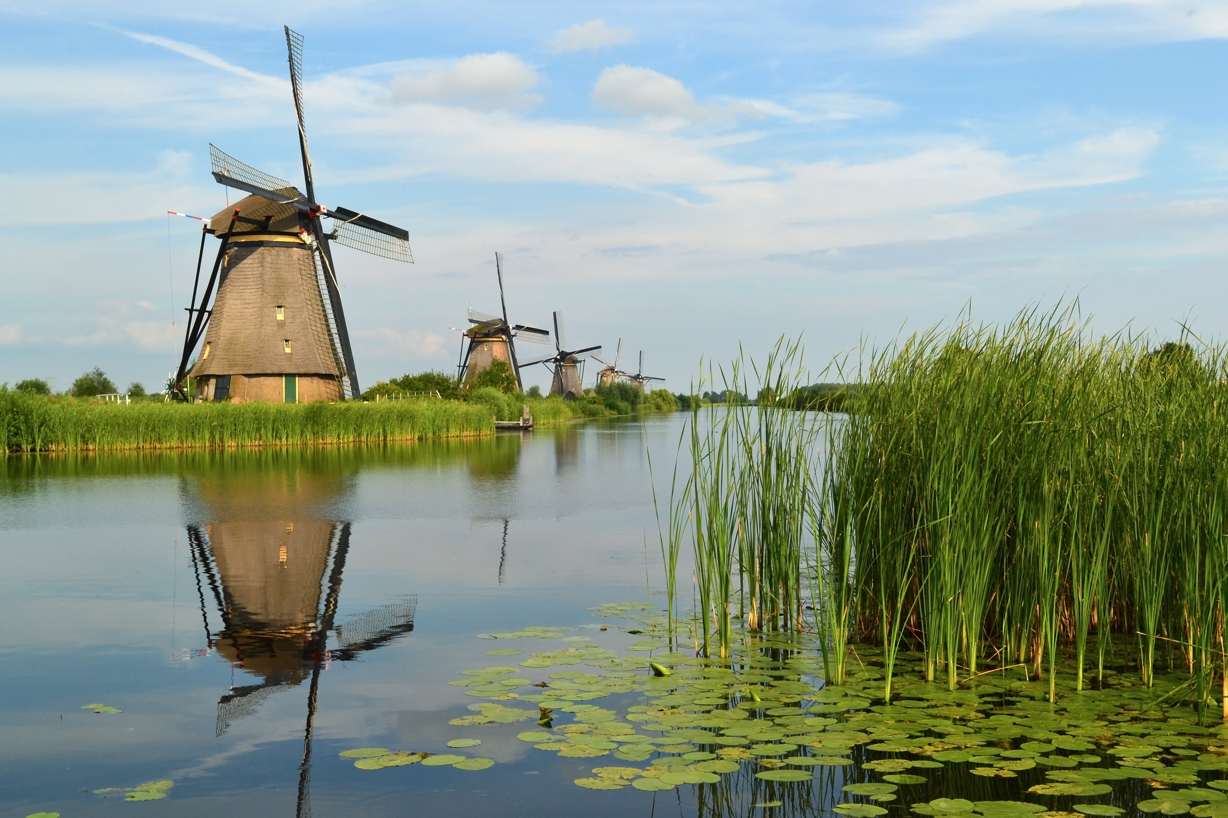 The windmills of Kinderdijk reflected in the canal, Zuid-Holland, Netherlands