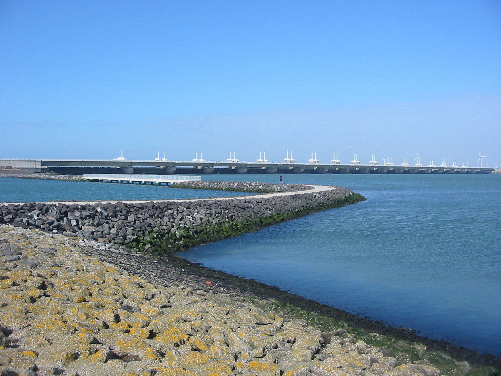 The Oosterscheldekering storm surge barrier seen from the road, Zeeland, Netherlands
